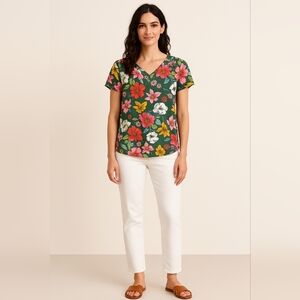 DR2 Tropical Floral Short Sleeve Blouse, Size S